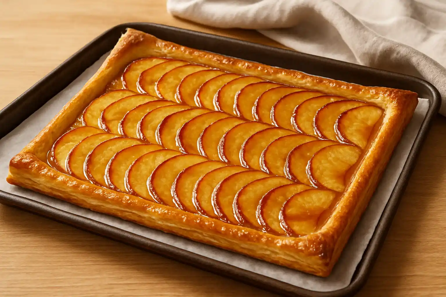 Una tarta de manzana rectangular hecha con una base de hojaldre crujiente y láminas de manzana caramelizadas.