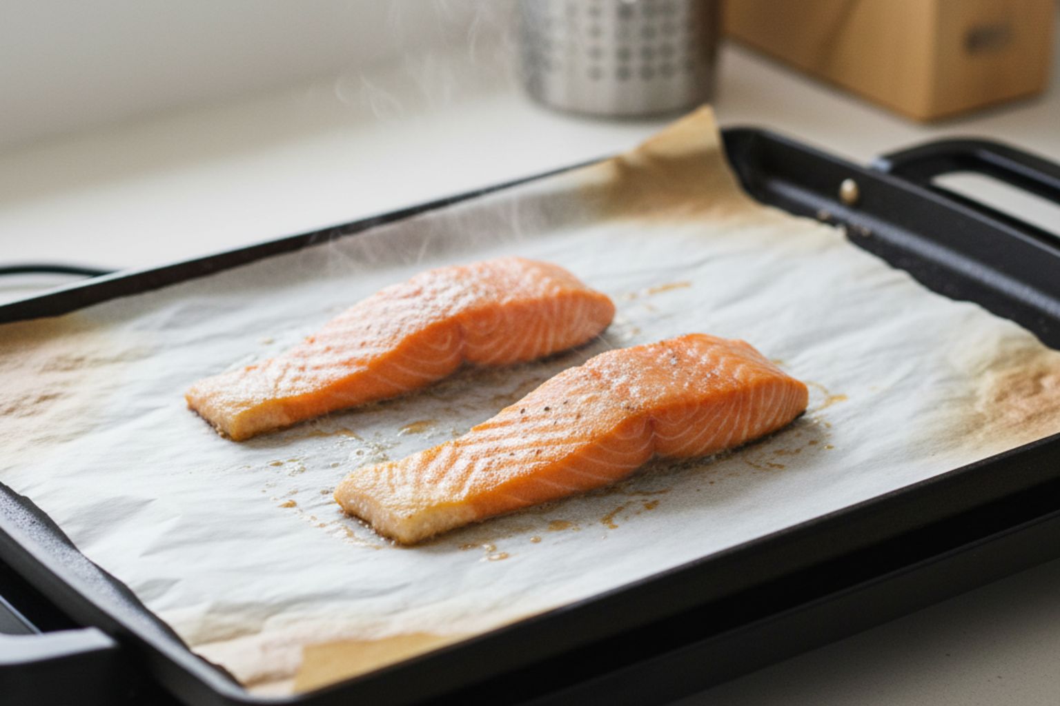 Filetes de pescado o carne cocinándose sobre papel de horno en una plancha eléctrica para evitar que se peguen