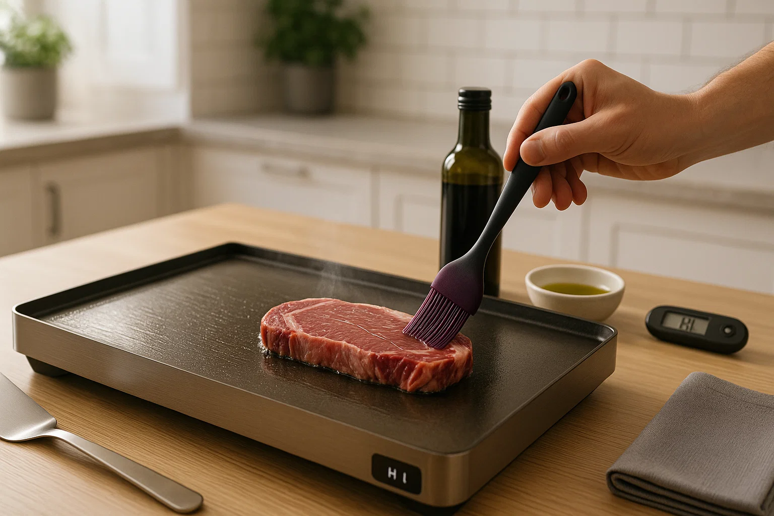 Plancha caliente aceitada con precisión en cocina moderna, utensilios limpios y carne lista para sellar con control de temperatura.