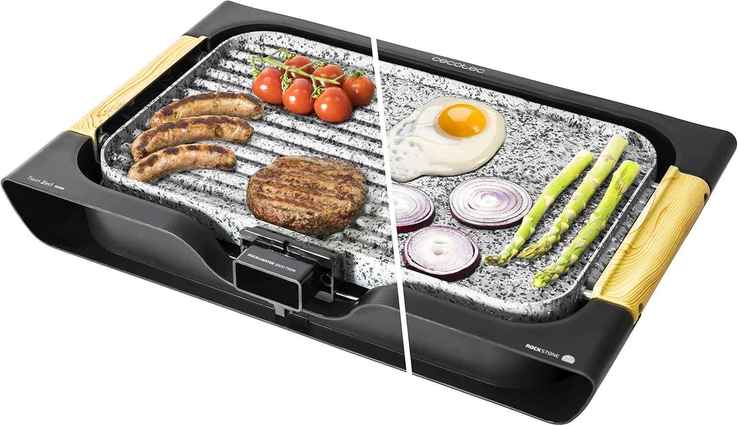 Plancha eléctrica Cecotec RockWater 3000 Twin con su placa reversible mostrando el lado liso y el lado grill.