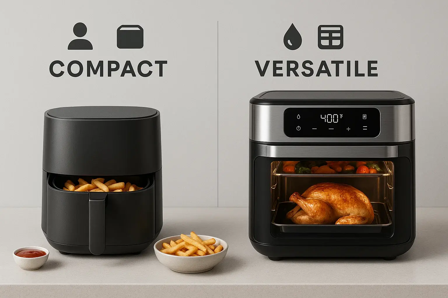 Comparativa entre freidora de aire de cajón y tipo horno sobre encimera moderna, con alimentos visibles y diferencias de tamaño y uso.