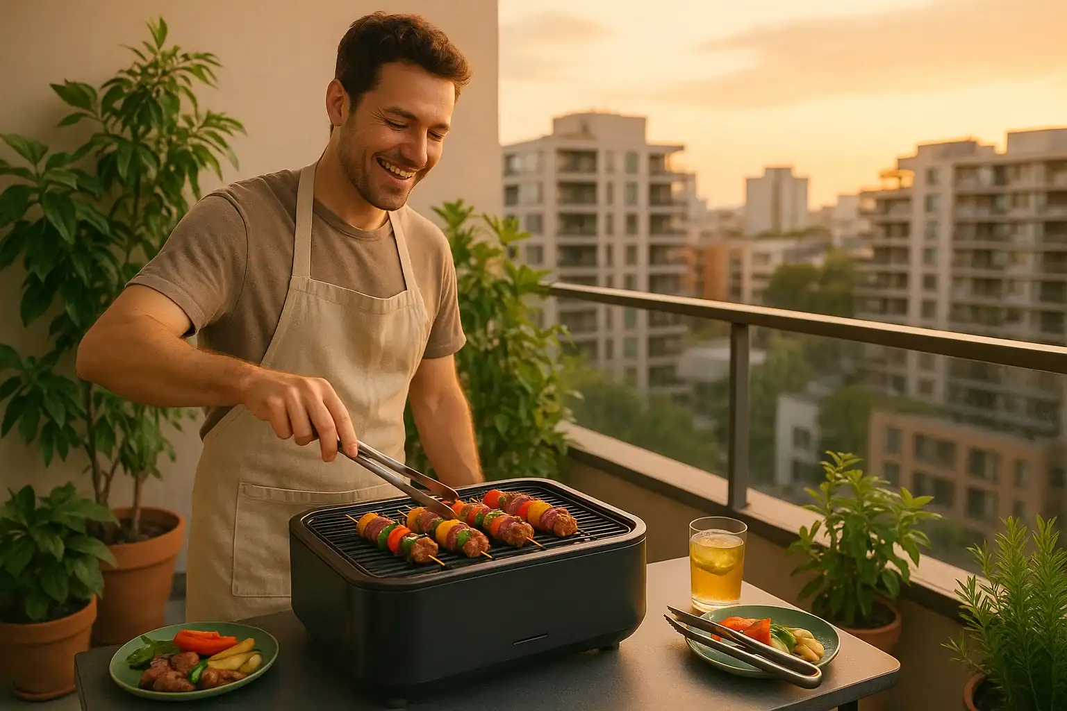 Guía completa sobre barbacoas sin humo, mostrando una persona cocinando en un balcón con un modelo eléctrico o de carbón de baja emisión.