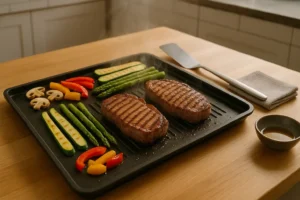 Plancha caliente con carne y verduras marcadas, cocinadas con orden, vapor suave y brillo en cocina moderna y luminosa.