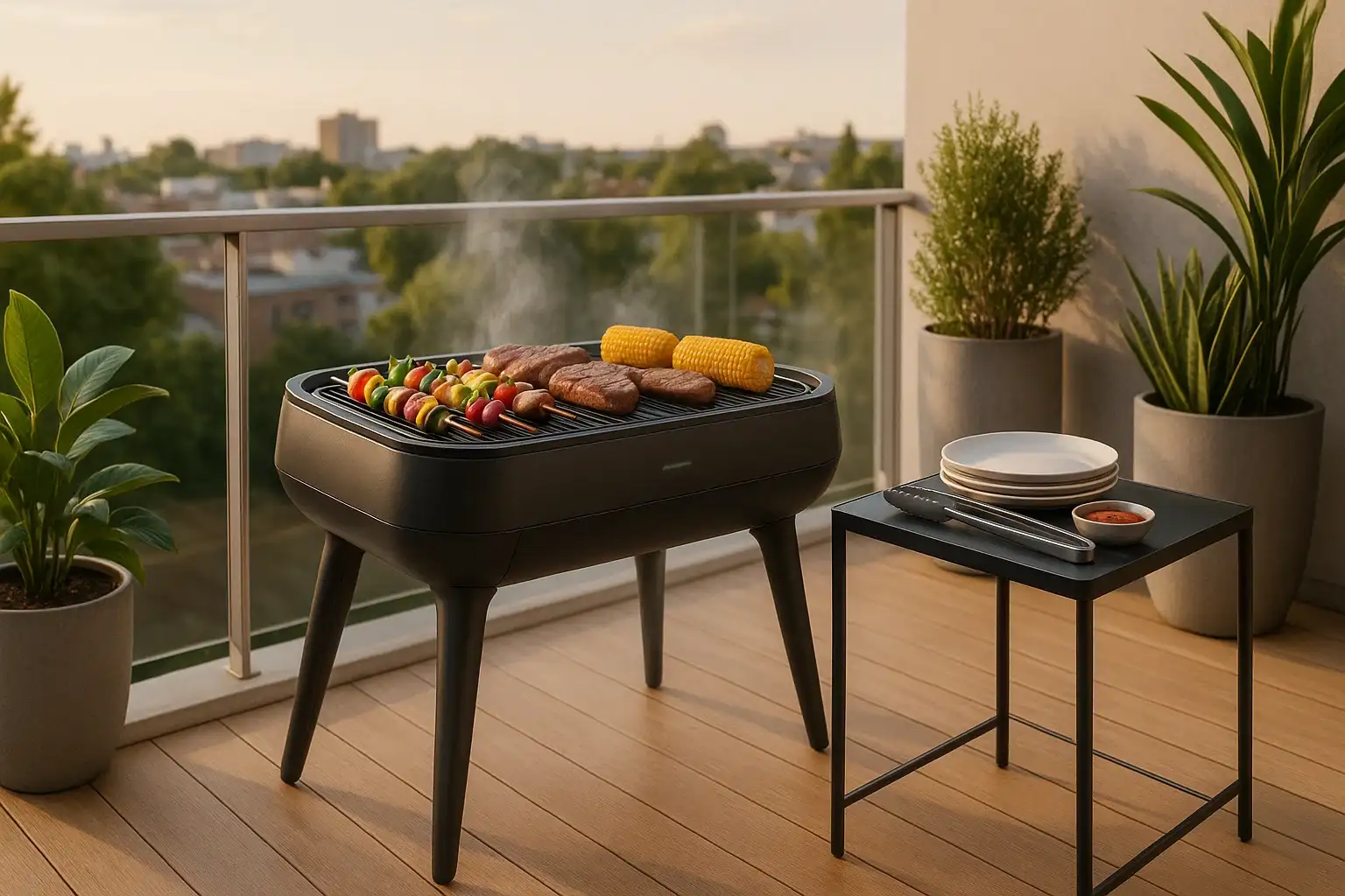 Barbacoa sin humo en un balcón moderno.