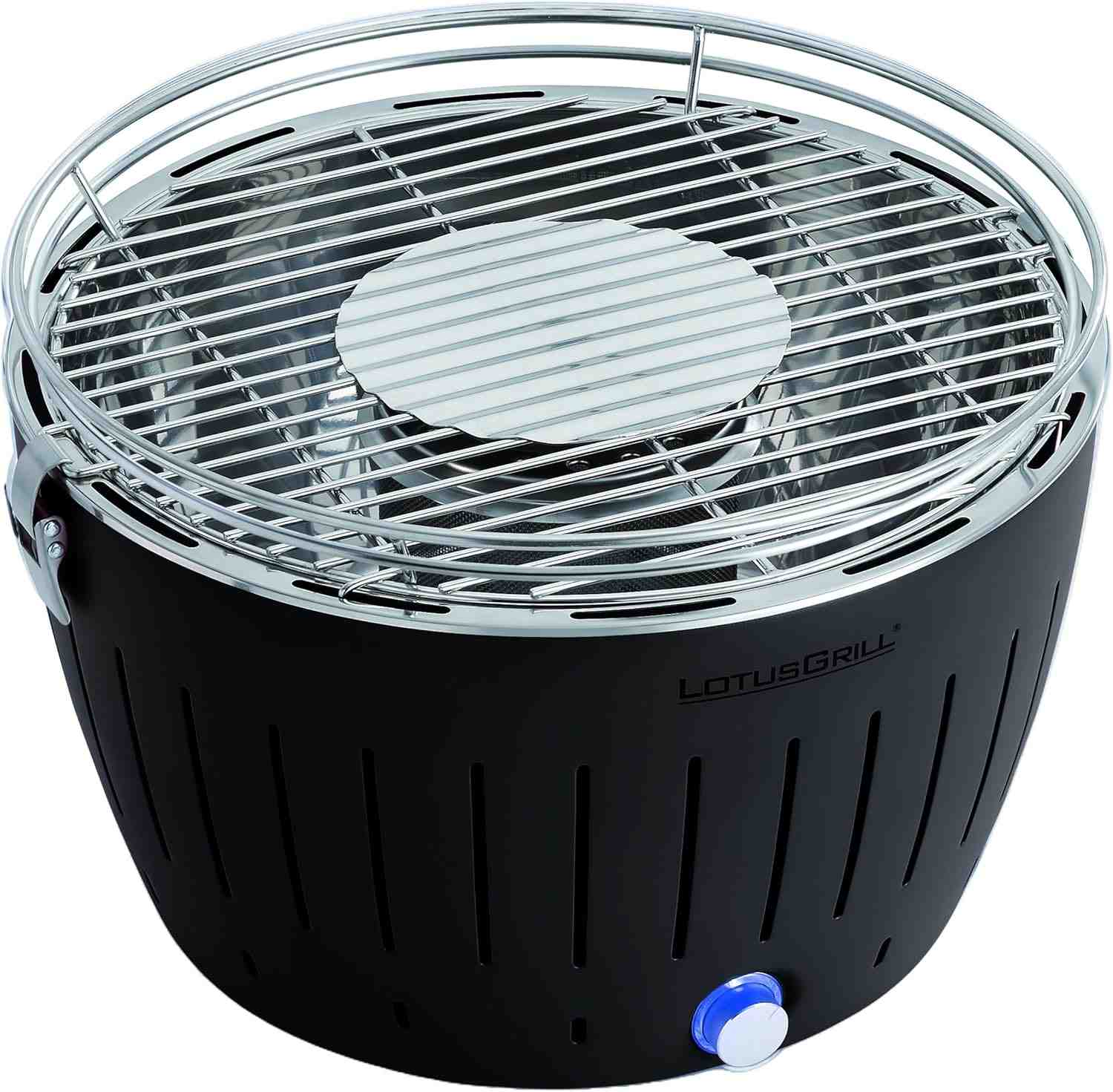 Barbacoa de carbón sin humo LotusGrill G340 color antracita, ideal para balcones y terrazas.