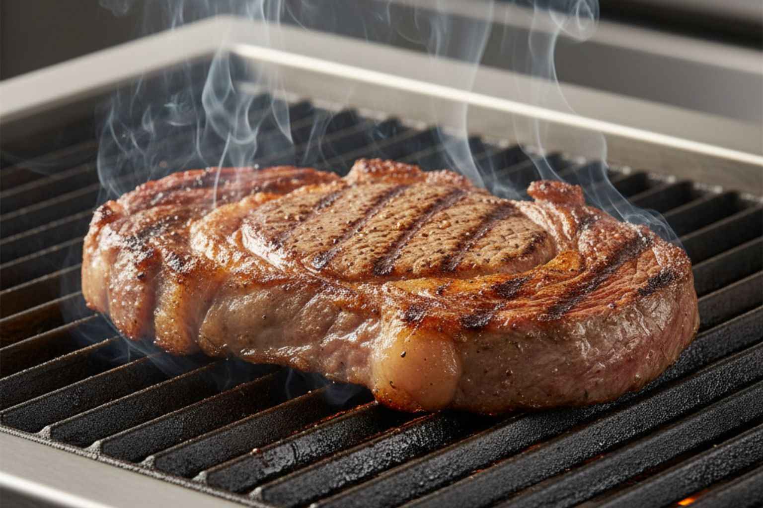 Parrilla marcando un chuletón grueso con humo visible.