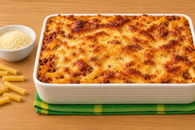 Fuente de Macarrones con carne picada, bechamel y queso gratinados al horno