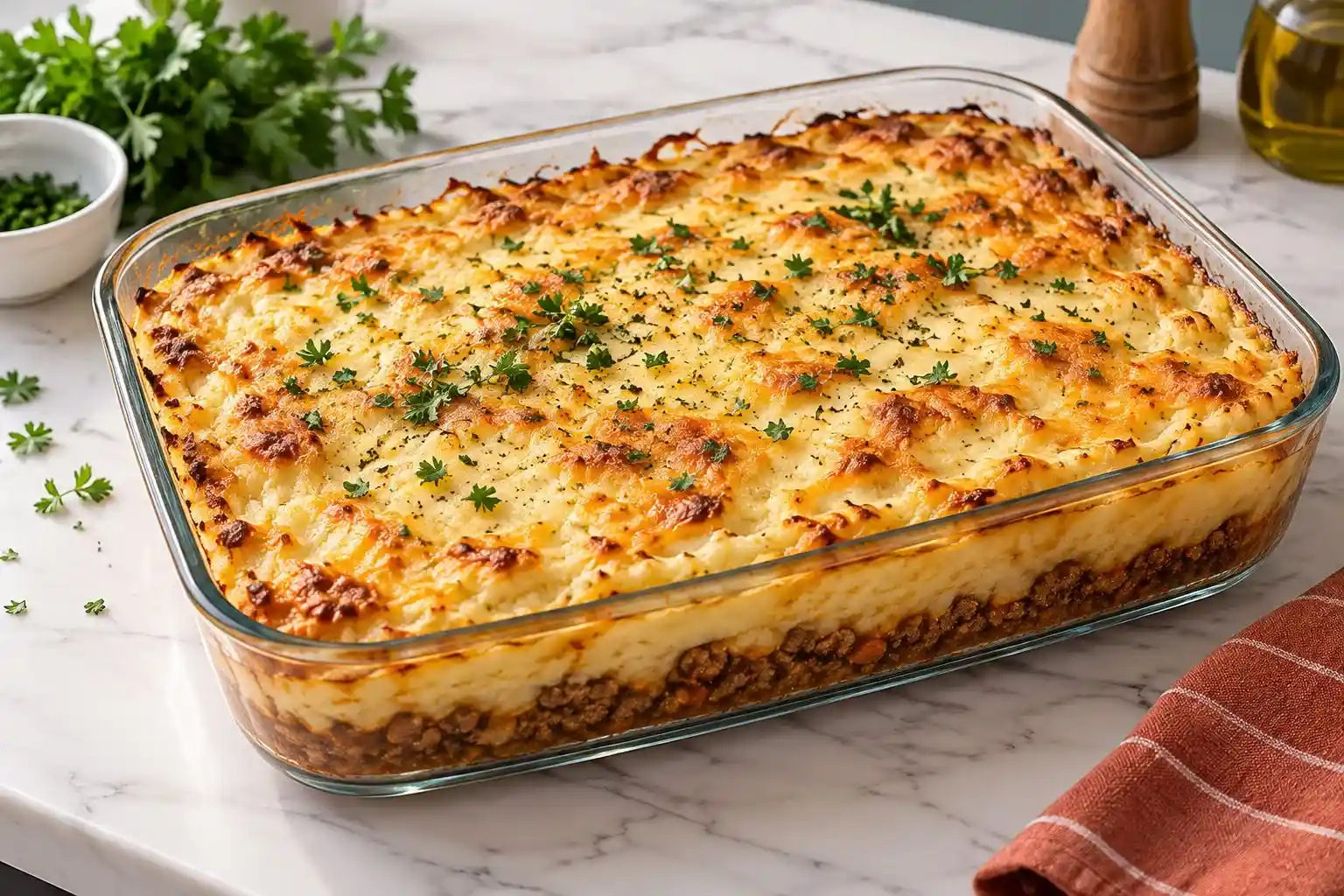 Pastel de carne de la abuela casero con patatas y queso gratinado, receta tradicional y jugosa.