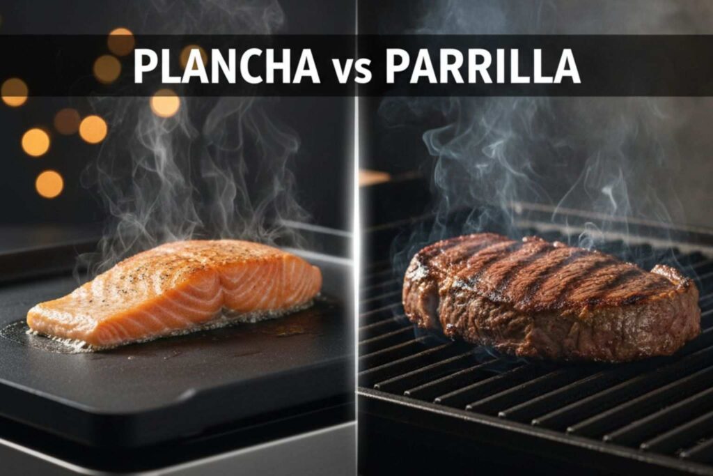 Comparativa visual entre plancha y parrilla: un filete de salmón en la plancha lisa y un chuletón en la parrilla con marcas de grill.