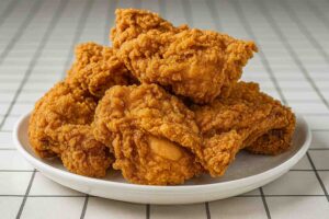 Pollo Estilo KFC Casero ultra crujiente y jugoso, con rebozado dorado y perfecto, servido en un plato blanco sobre mantel a cuadros.