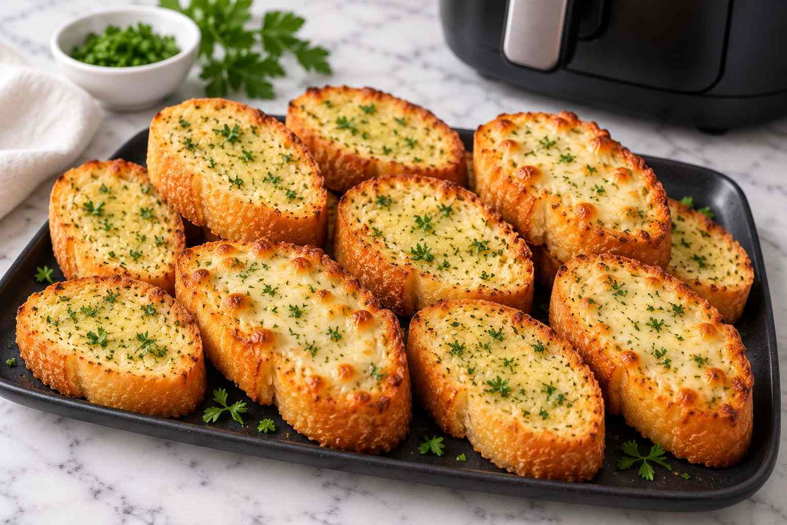 Rebanadas de pan de ajo casero crujientes con mantequilla, perejil y queso fundido en freidora de aire.