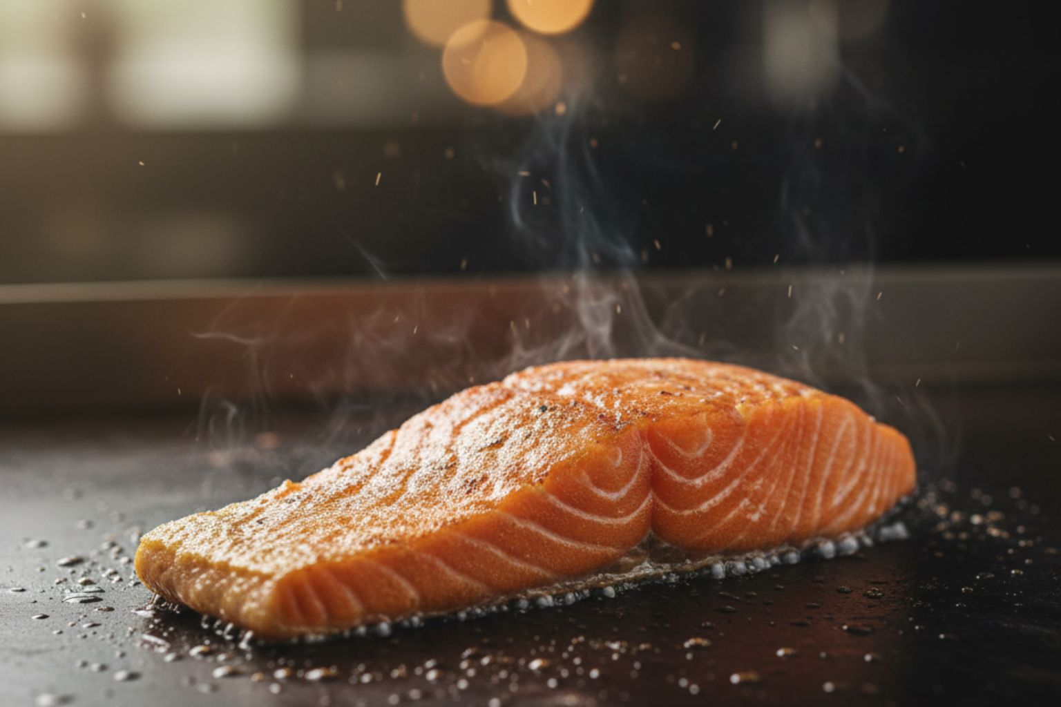 Plancha en acción mostrando una costra dorada sobre un filete de salmón.