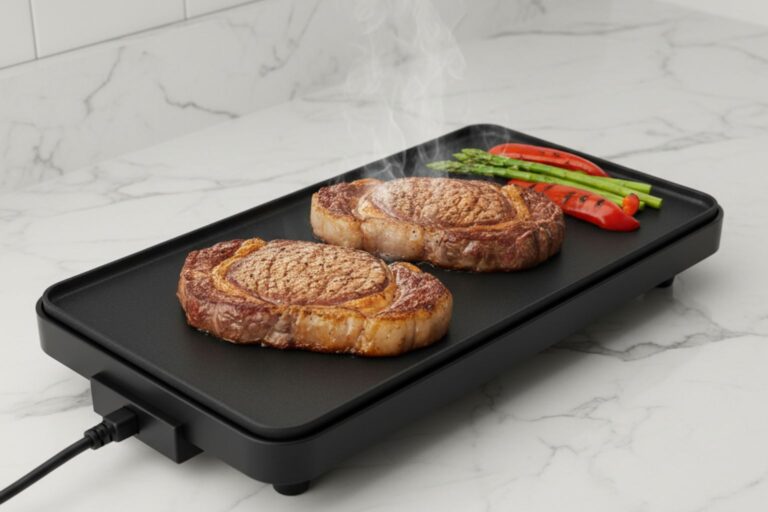 Técnica del sellado en seco en plancha eléctrica profesional con carne perfectamente dorada y verduras