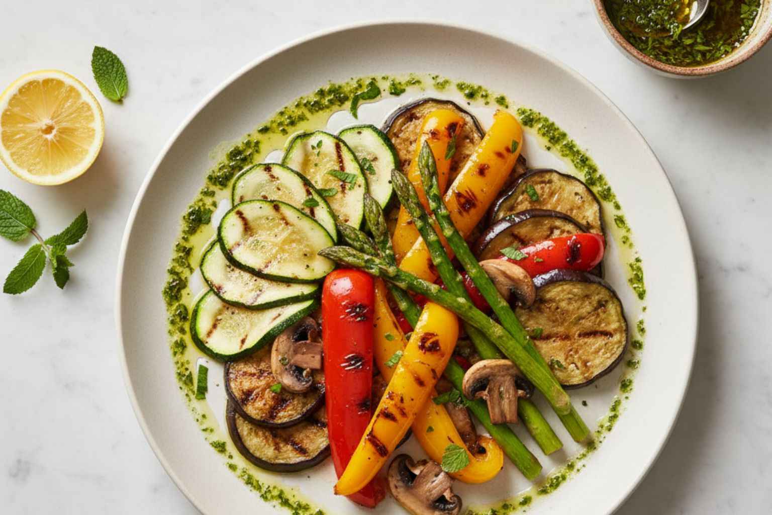 Plato final de verduras a la plancha con un aliño y hierbas frescas.