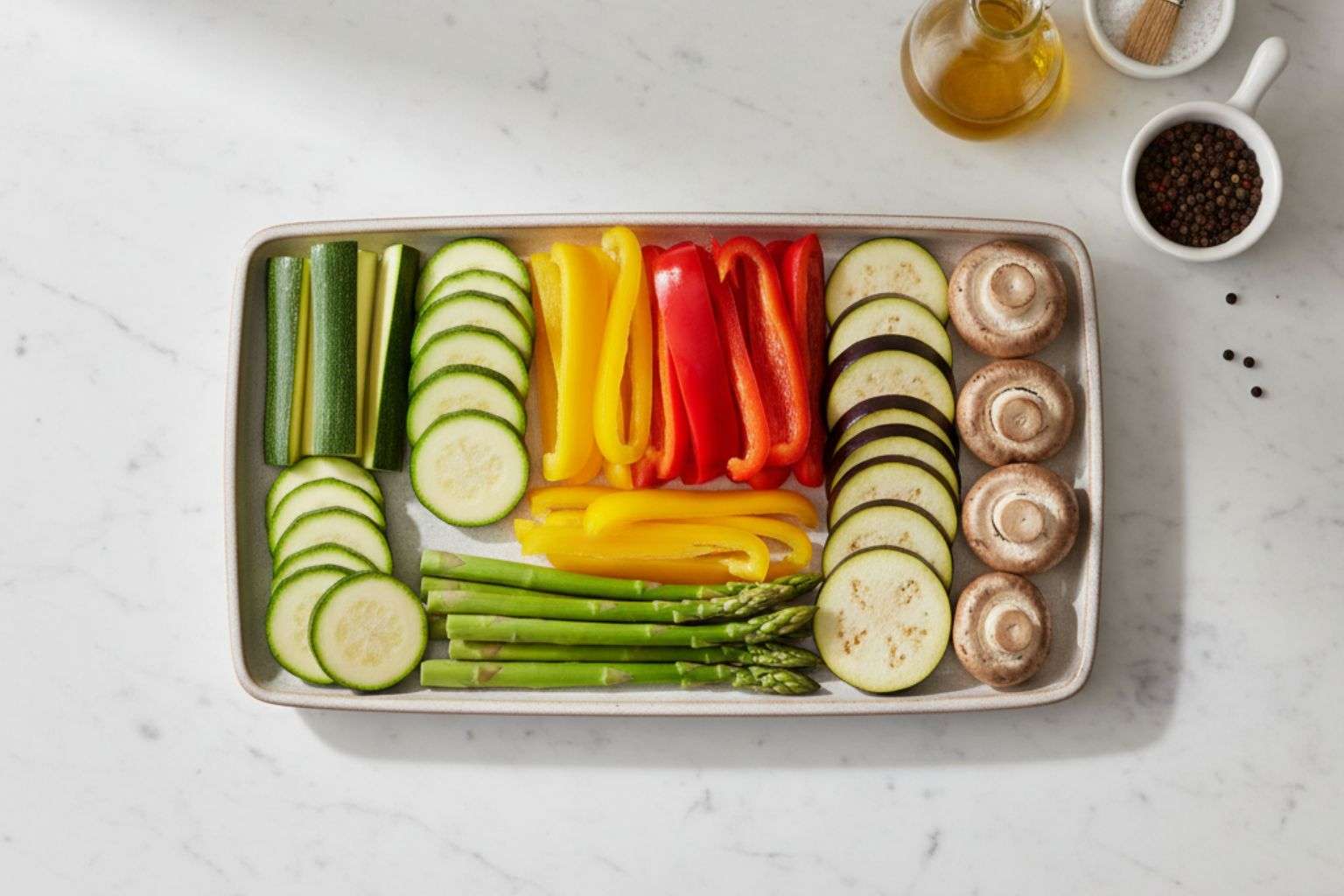 Composición visual con verduras clave como calabacín, pimiento y espárragos, bien cortadas y secas.