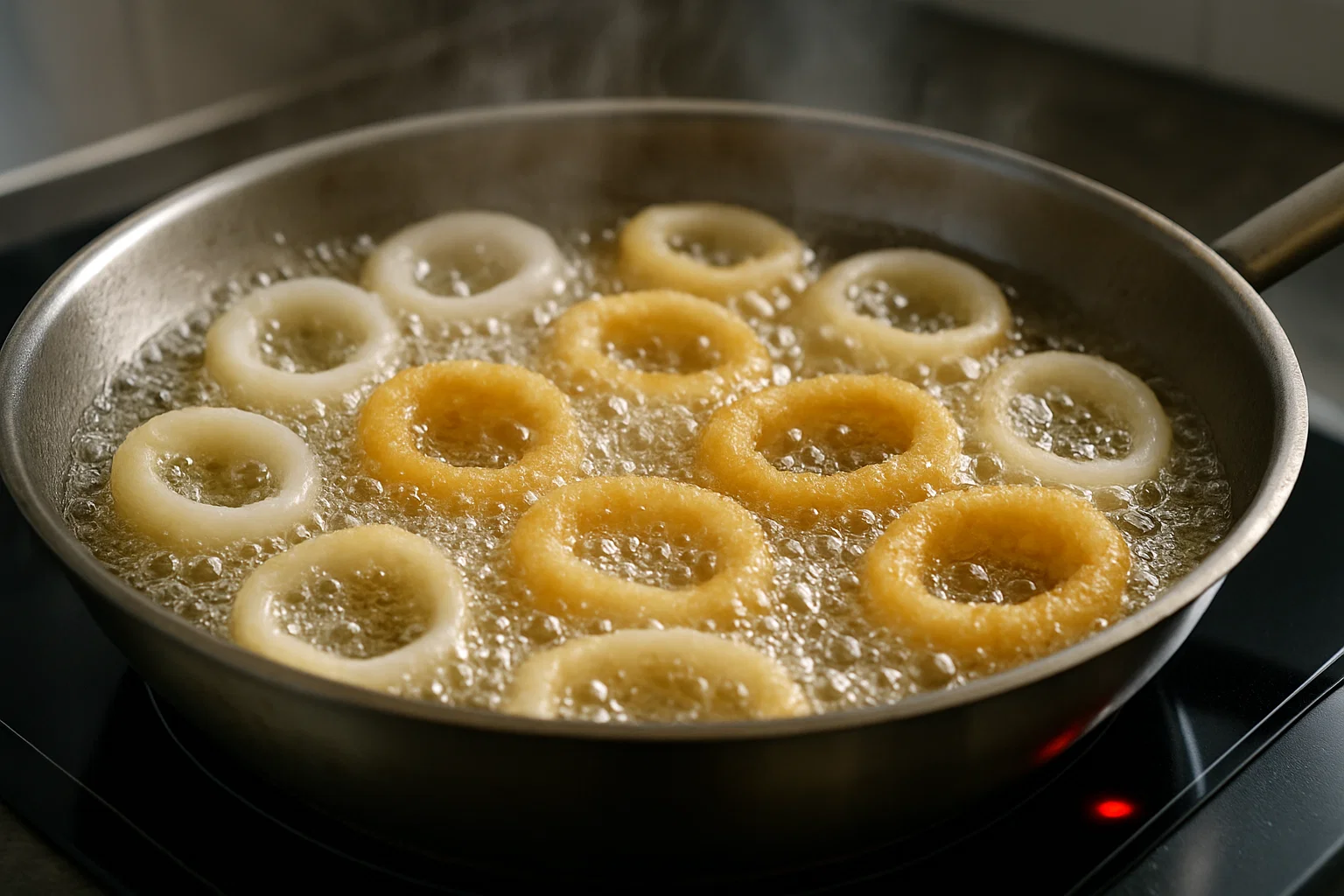 Calamares a la andaluza friéndose en aceite caliente hasta quedar dorados y crujientes.