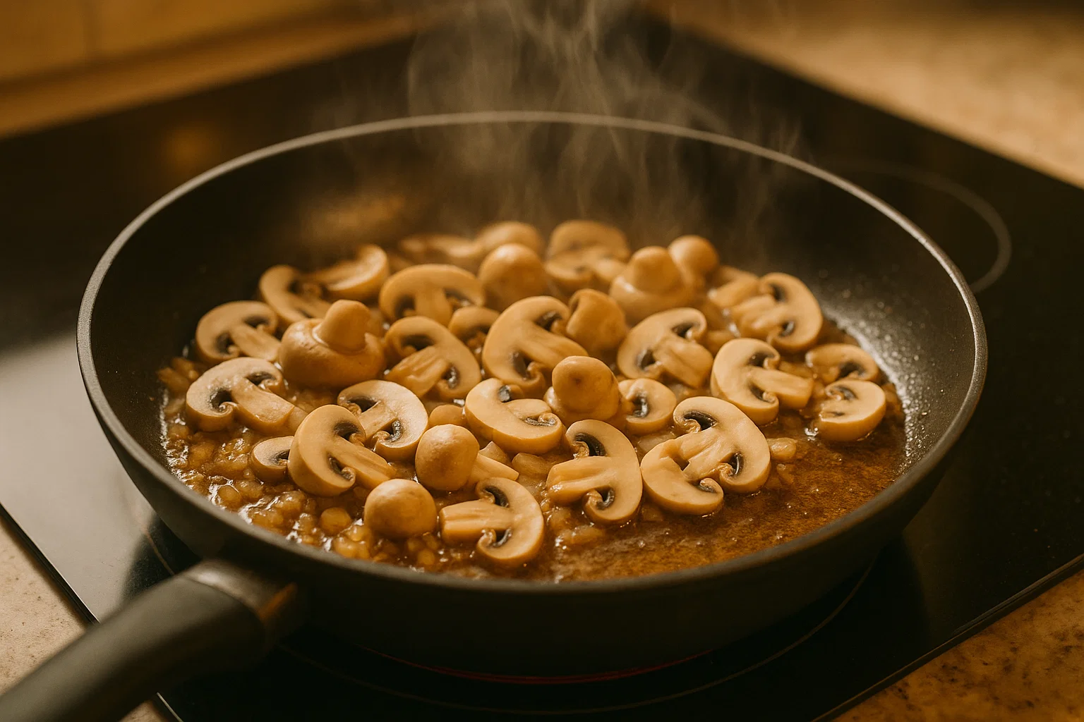 Champiñones frescos laminados y algunos enteros sofriéndose en la sartén con ajo y cebolla (opcional), base para la deliciosa salsa de la receta de solomillo.
