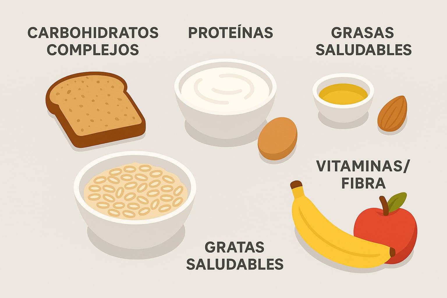 Infografía mostrando los componentes de un desayuno saludable: carbohidratos complejos, proteínas, grasas saludables y vitaminas/fibra.