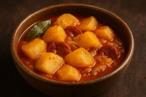 Plato de patatas a la riojana tradicionales con chorizo, receta casera de la abuela con caldo espeso.