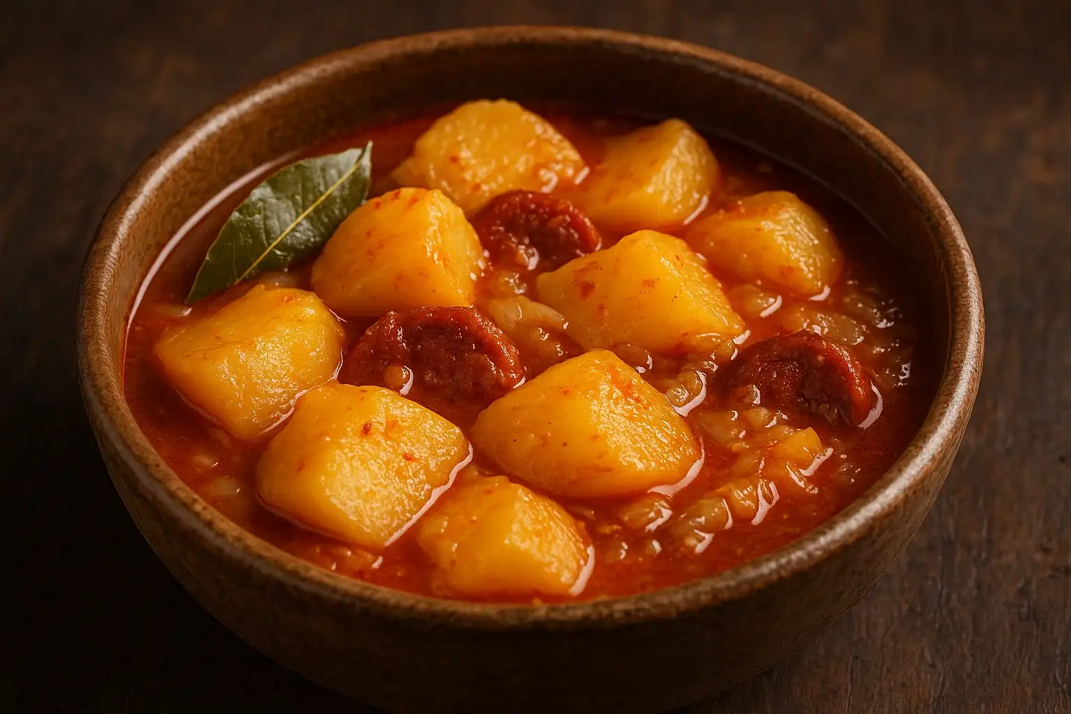 Plato de patatas a la riojana tradicionales con chorizo, receta casera de la abuela con caldo espeso.