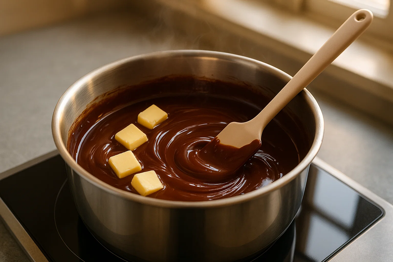 Chocolate negro y mantequilla derritiéndose juntos en un cazo para la receta de brownies.