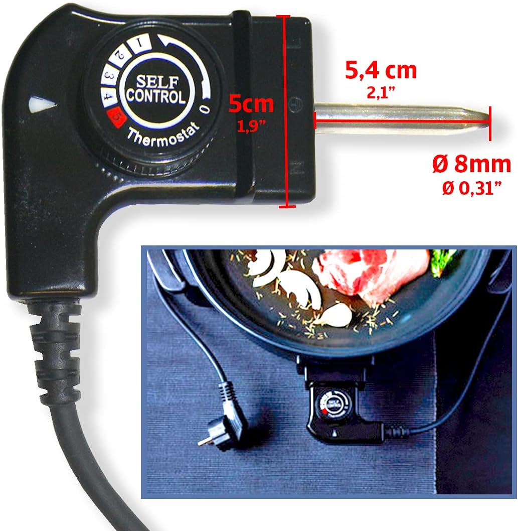 Medidas detalladas del conector de un cable universal tipo CTW-300 para plancha de asar: 5,4cm longitud bulbo, Ø8mm diámetro bulbo, 5cm altura conector.