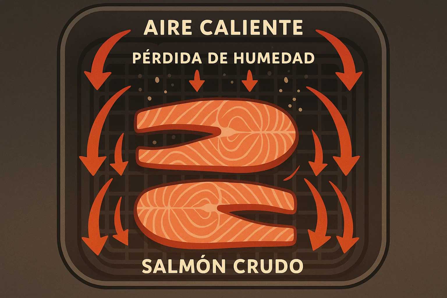 Esquema de cómo la convección de la freidora de aire puede secar el pescado si no se toman precauciones.