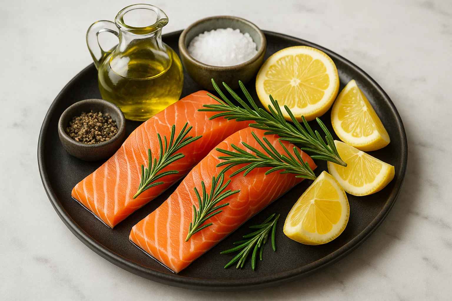 Ingredientes frescos para preparar salmón jugoso en freidora de aire: lomos de salmón, limón, hierbas, aceite y especias.