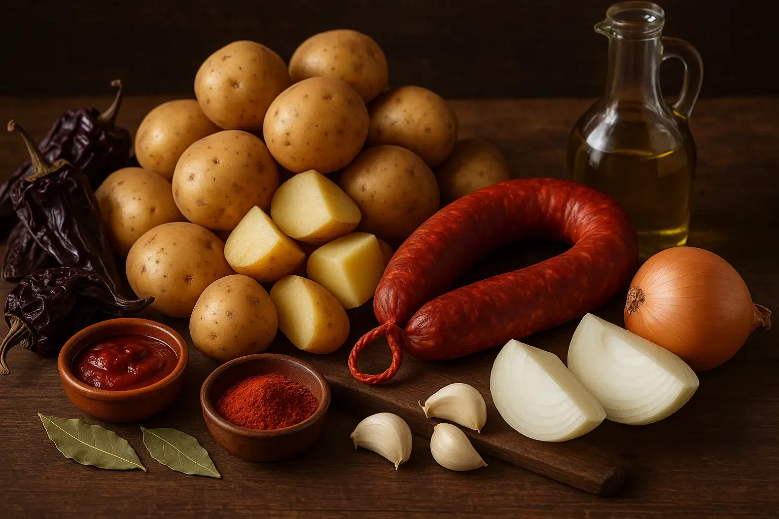 Ingredientes principales para patatas a la riojana: patatas, chorizo, pimiento choricero, cebolla y ajo.