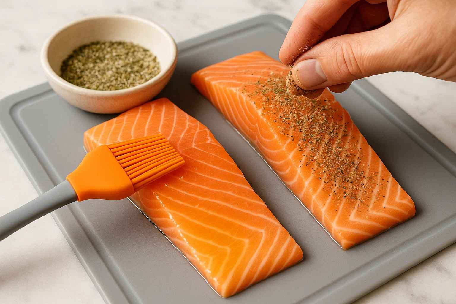 Lomos de salmón siendo sazonados con especias y un toque de aceite antes de cocinar en la freidora de aire.