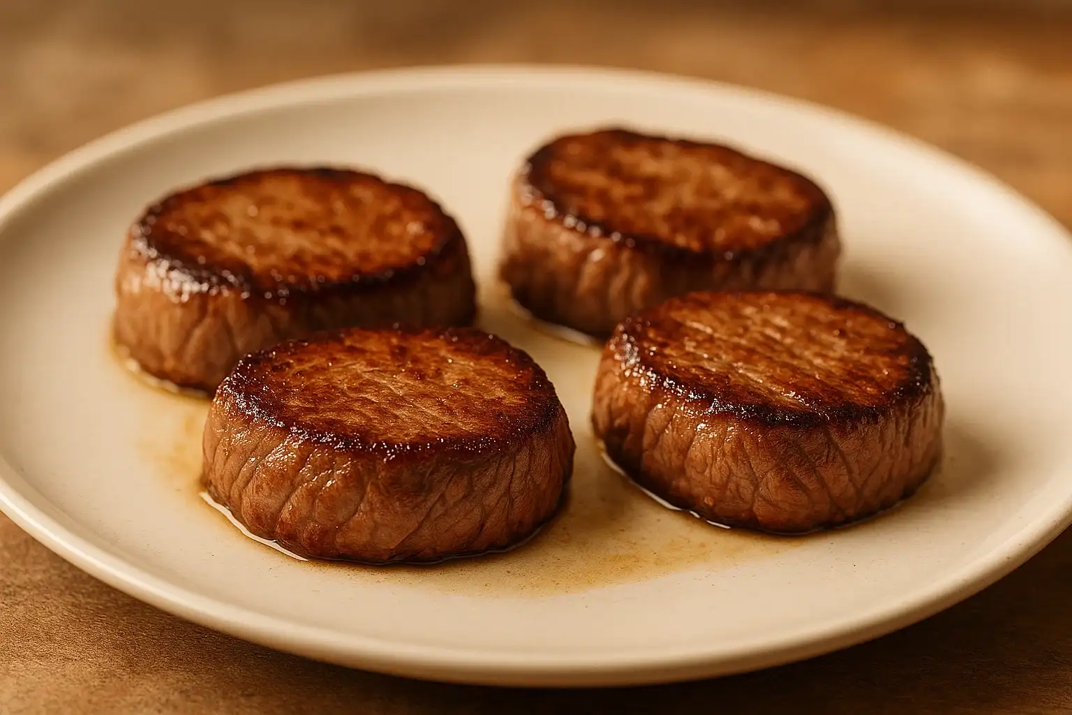 Medallones de solomillo de cerdo o ternera perfectamente sellados y dorados, reservados en un plato antes de hacer la salsa de champiñones.