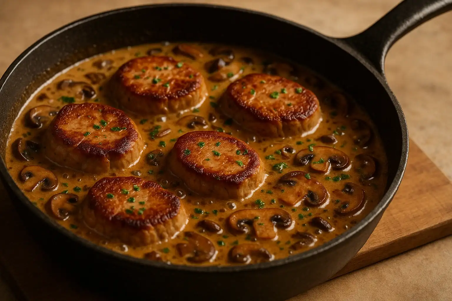 Medallones de solomillo de cerdo o ternera sumergidos en la cremosa salsa de champiñones.