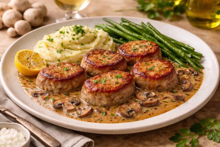 Plato de solomillo de ternera con champiñones en salsa casera al vino blanco, receta fácil y jugosa