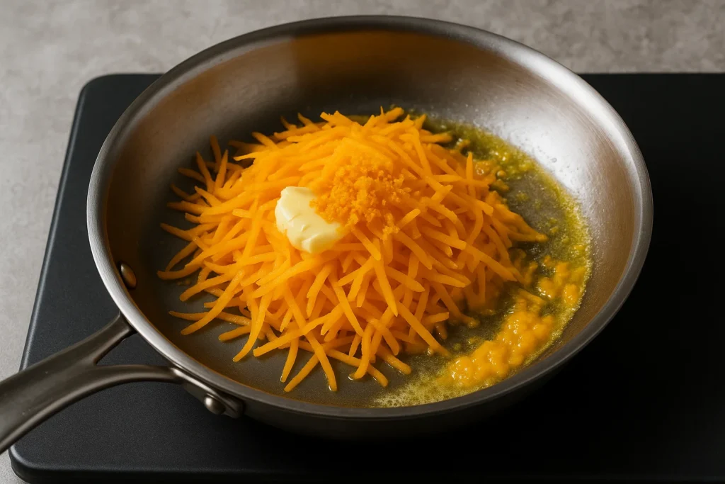 Paso 1: Calabaza rallada rehogándose en una sartén con mantequilla y ralladura de naranja.