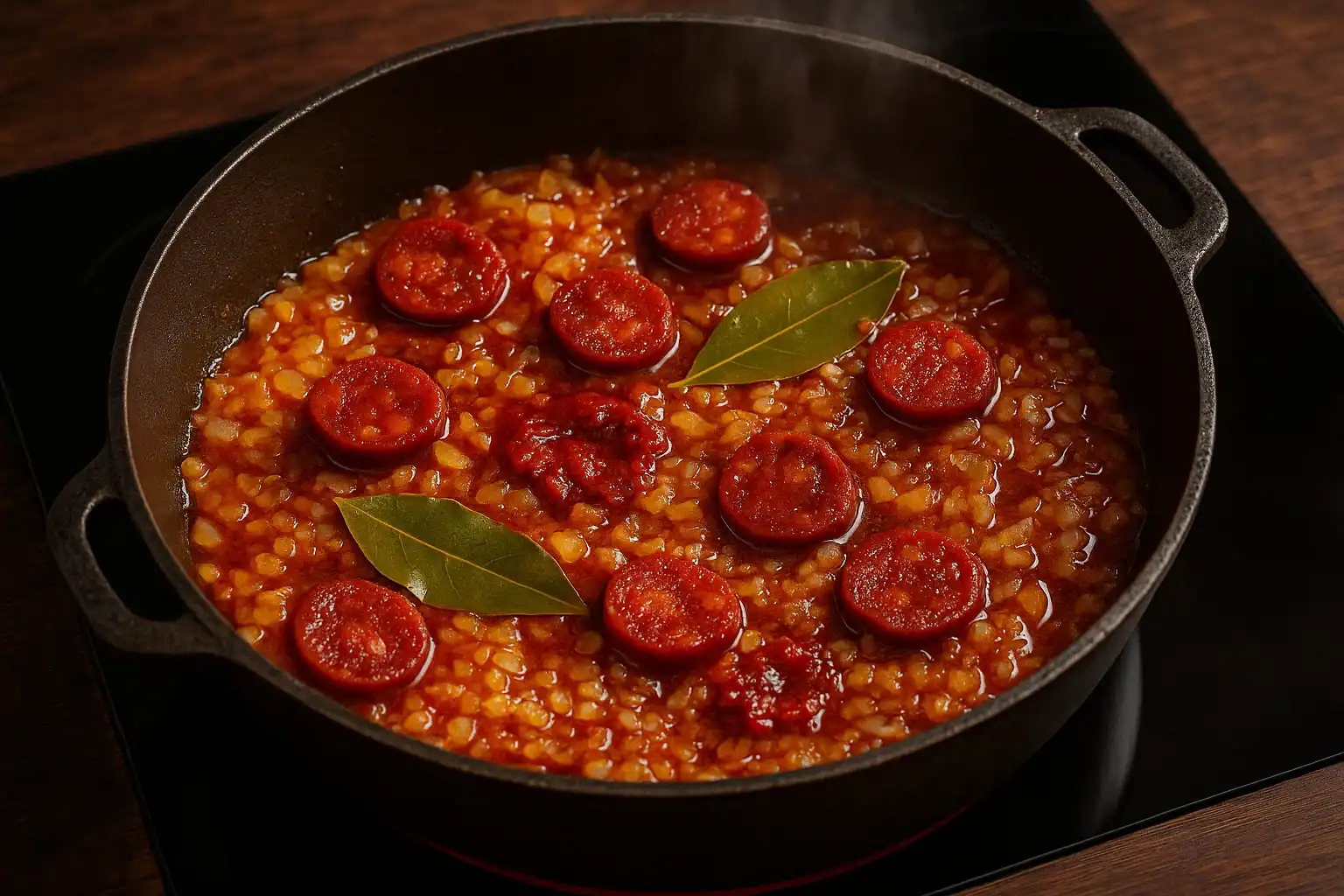 Sofrito de cebolla, ajo, chorizo y pimiento choricero para patatas a la riojana.