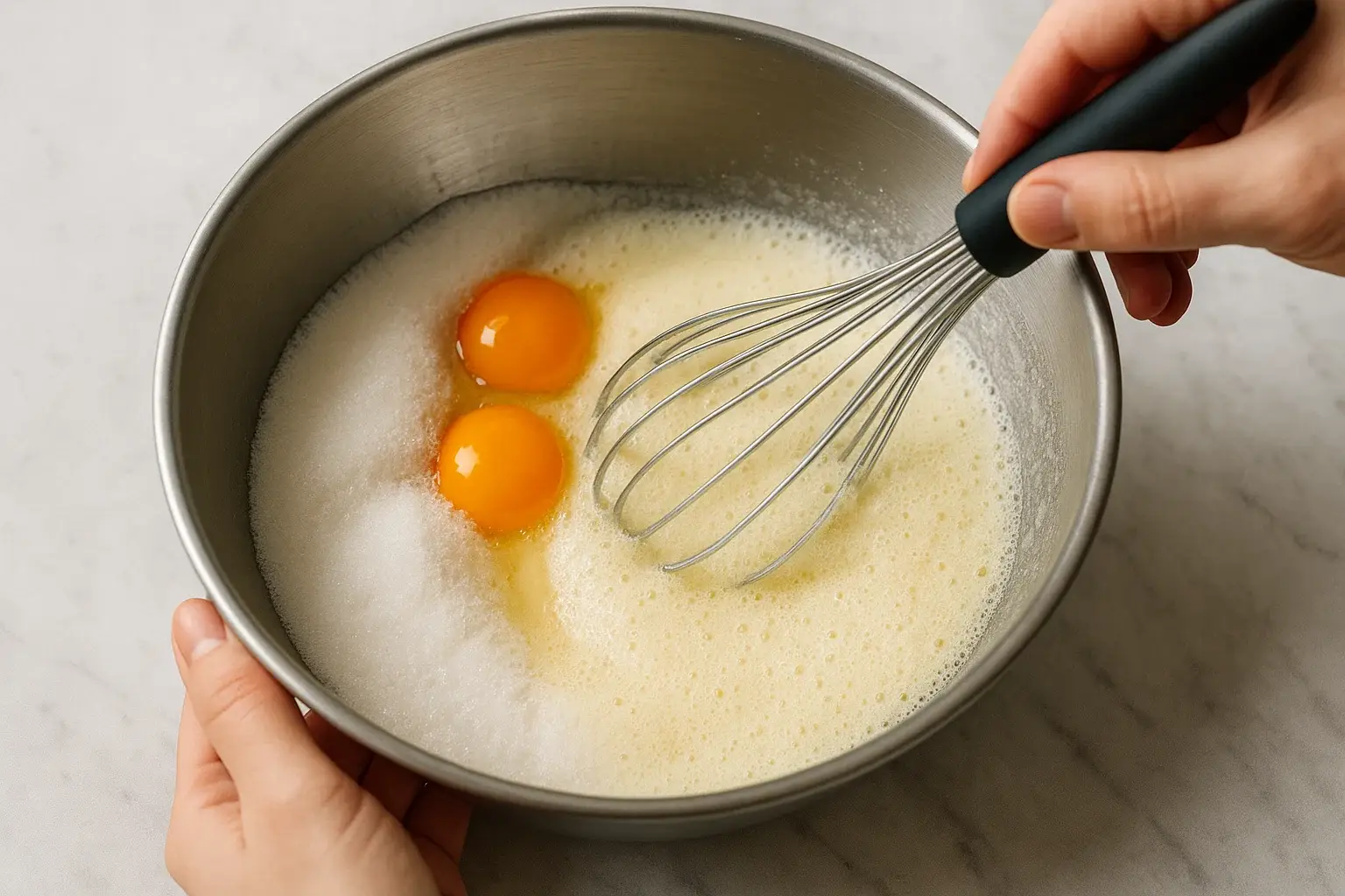 Paso 2.3: Huevos y azúcar batidos hasta obtener una mezcla espumosa y pálida.