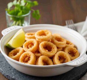 Plato rebosante de calamares a la andaluza fritos, dorados y crujientes, con un gajo de limón.