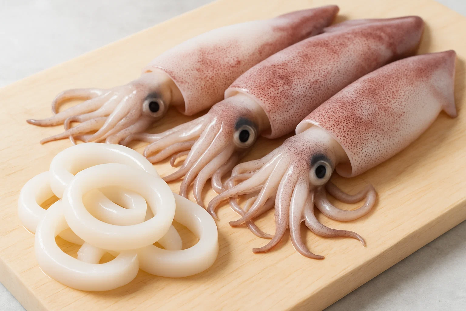 Calamares frescos enteros y anillas de calamar listas para cocinar.