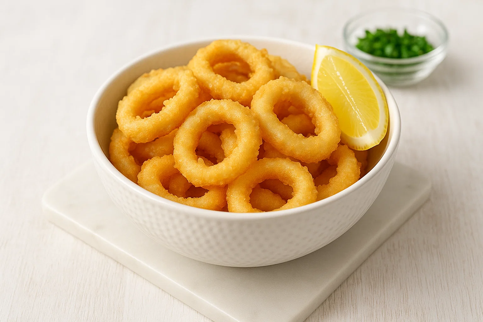 Plato de calamares a la romana caseros, con rebozado dorado, esponjoso e inflado.