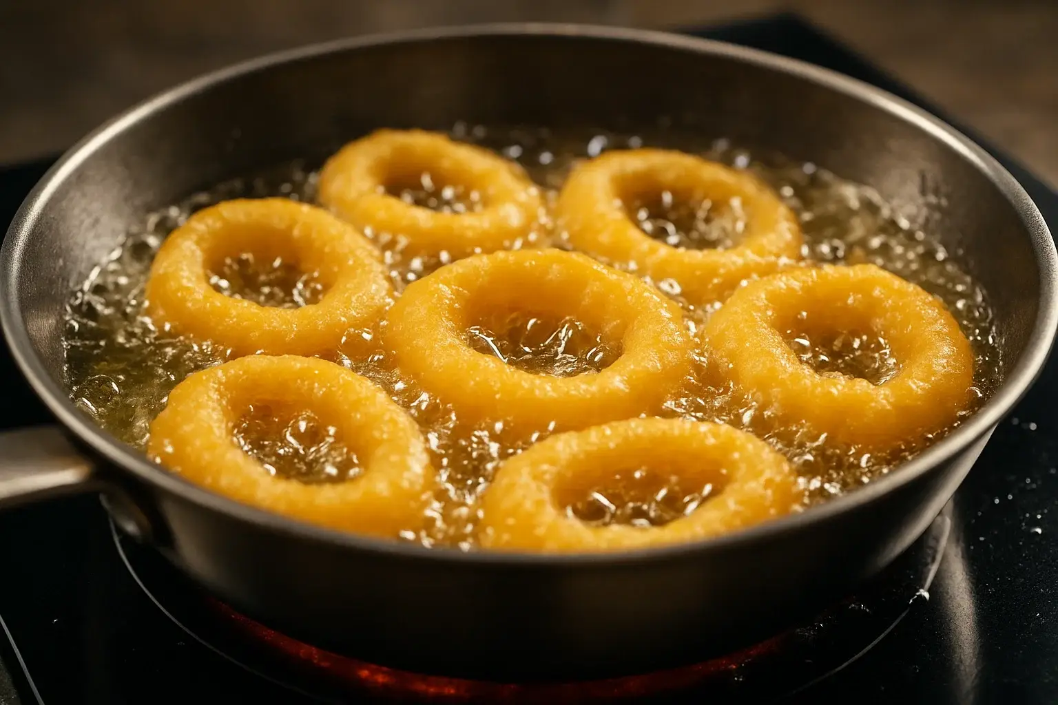 Calamares a la romana con su rebozado dorado e inflado friéndose en aceite abundante.