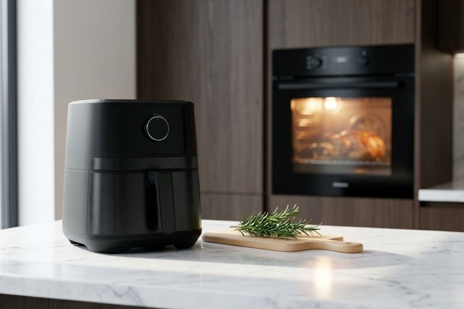 Comparativa de consumo eléctrico entre una freidora de aire y un horno en una cocina moderna.