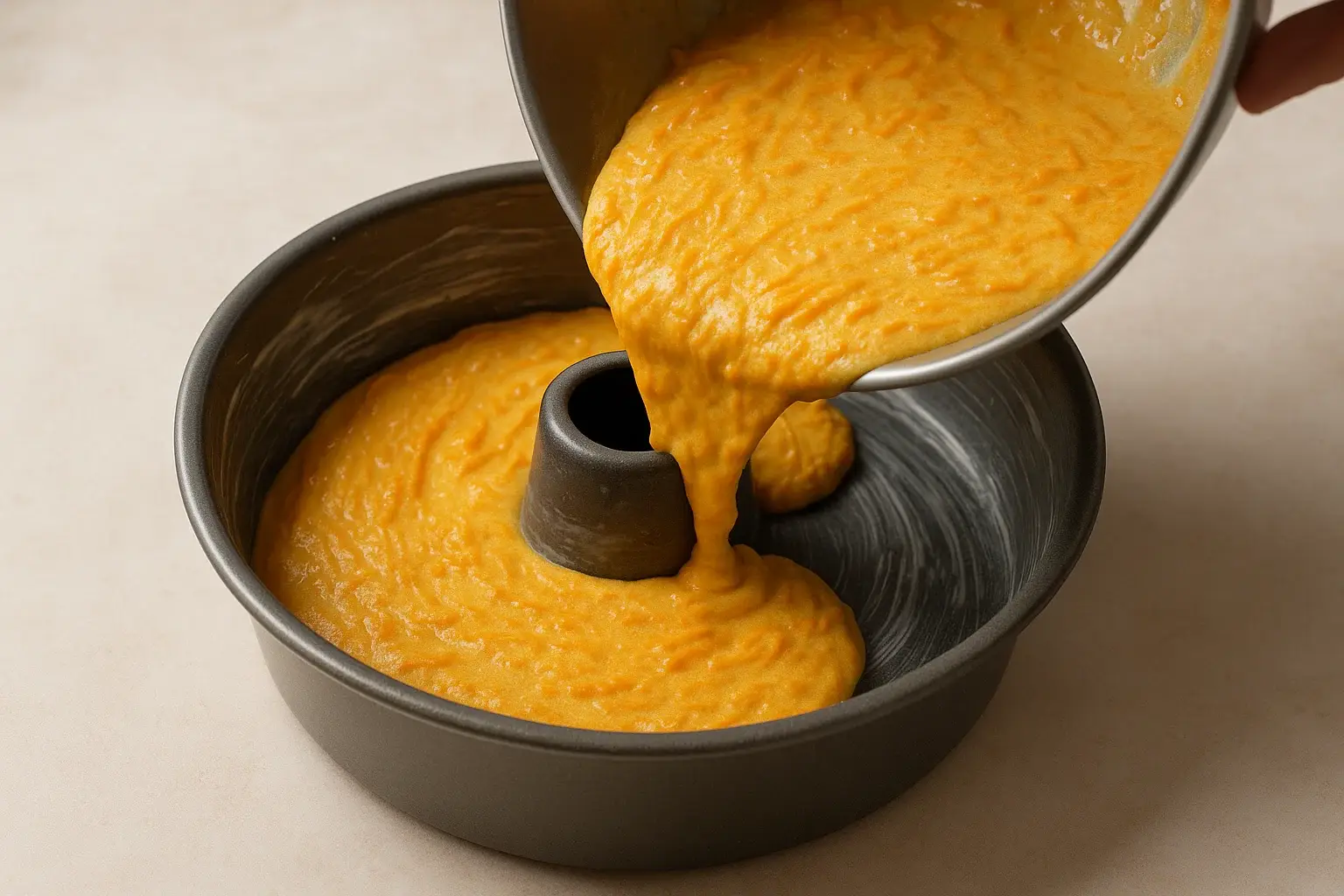 Paso 3.1: Masa del bizcocho de calabaza vertida en el molde engrasado, lista para hornear.