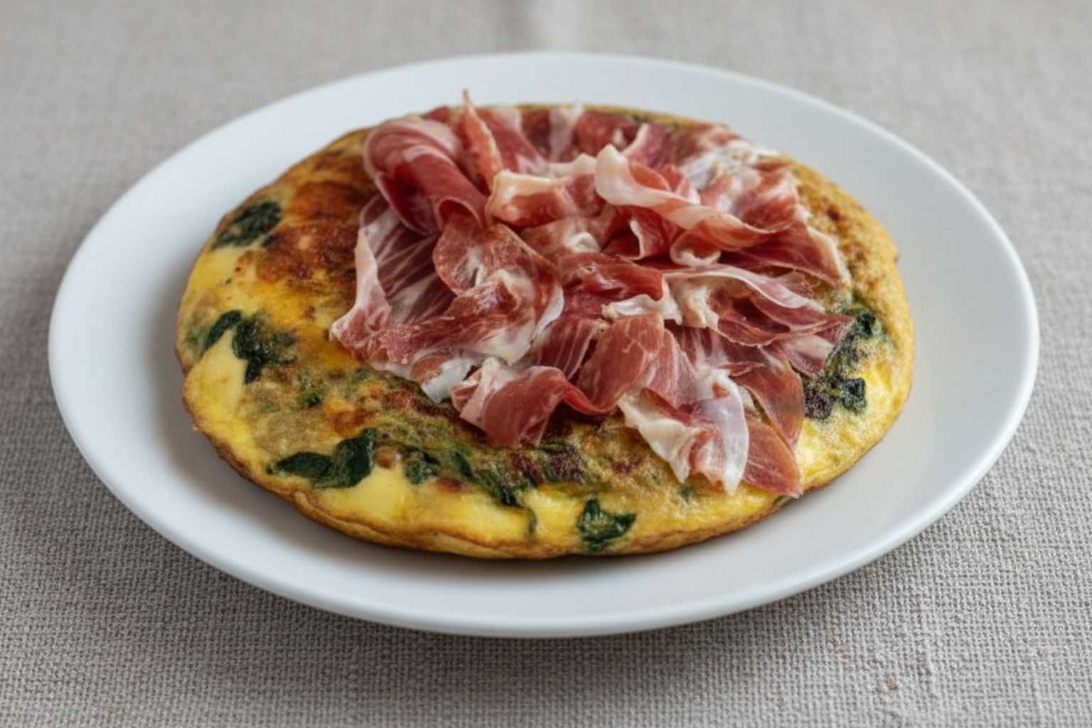 Deliciosa tortilla de espinacas con jamón y queso casera, receta fácil y jugosa, servida en un plato y lista para comer.