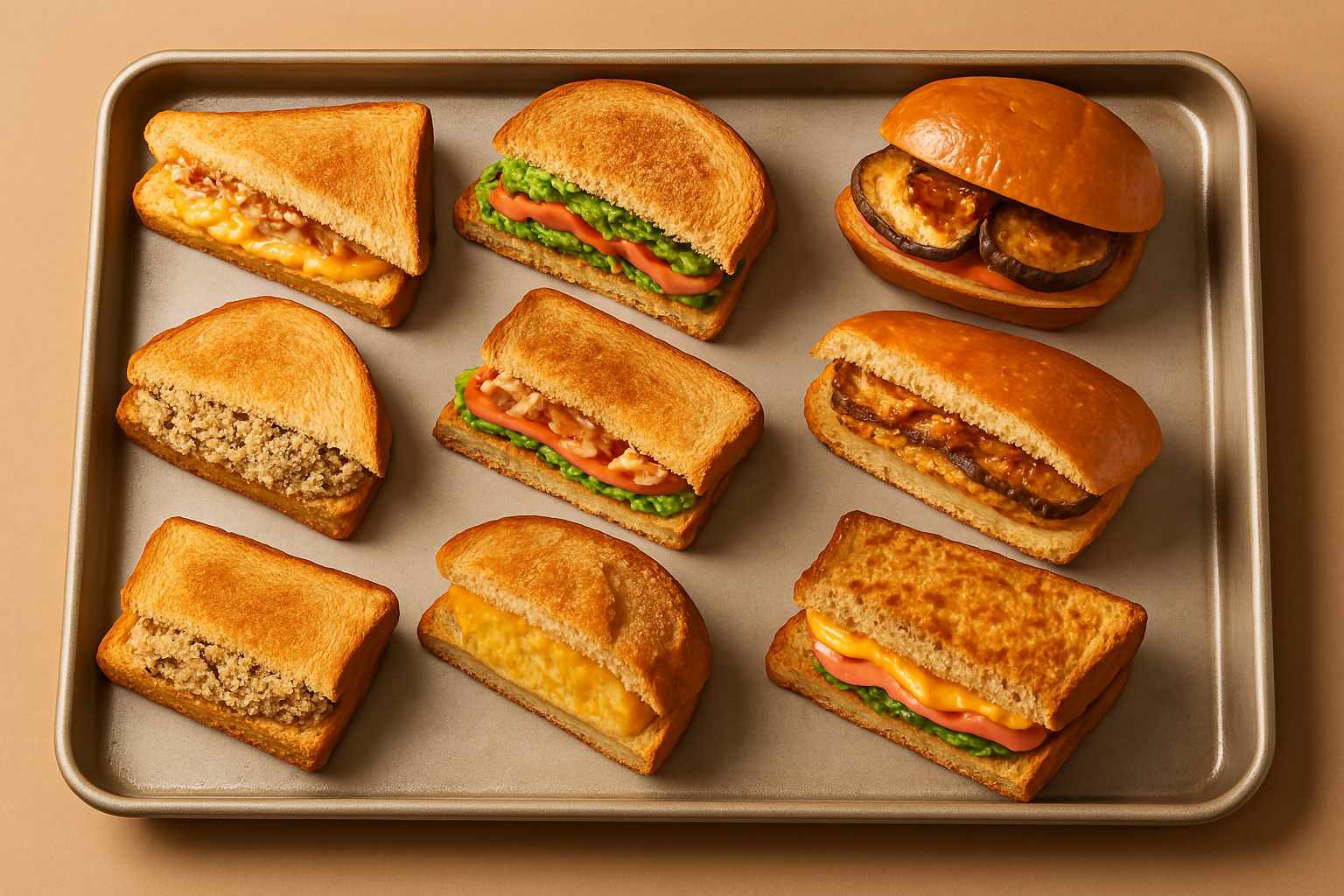 Variedad de sándwiches calientes con diferentes rellenos y panes, ideales para cenas fáciles.