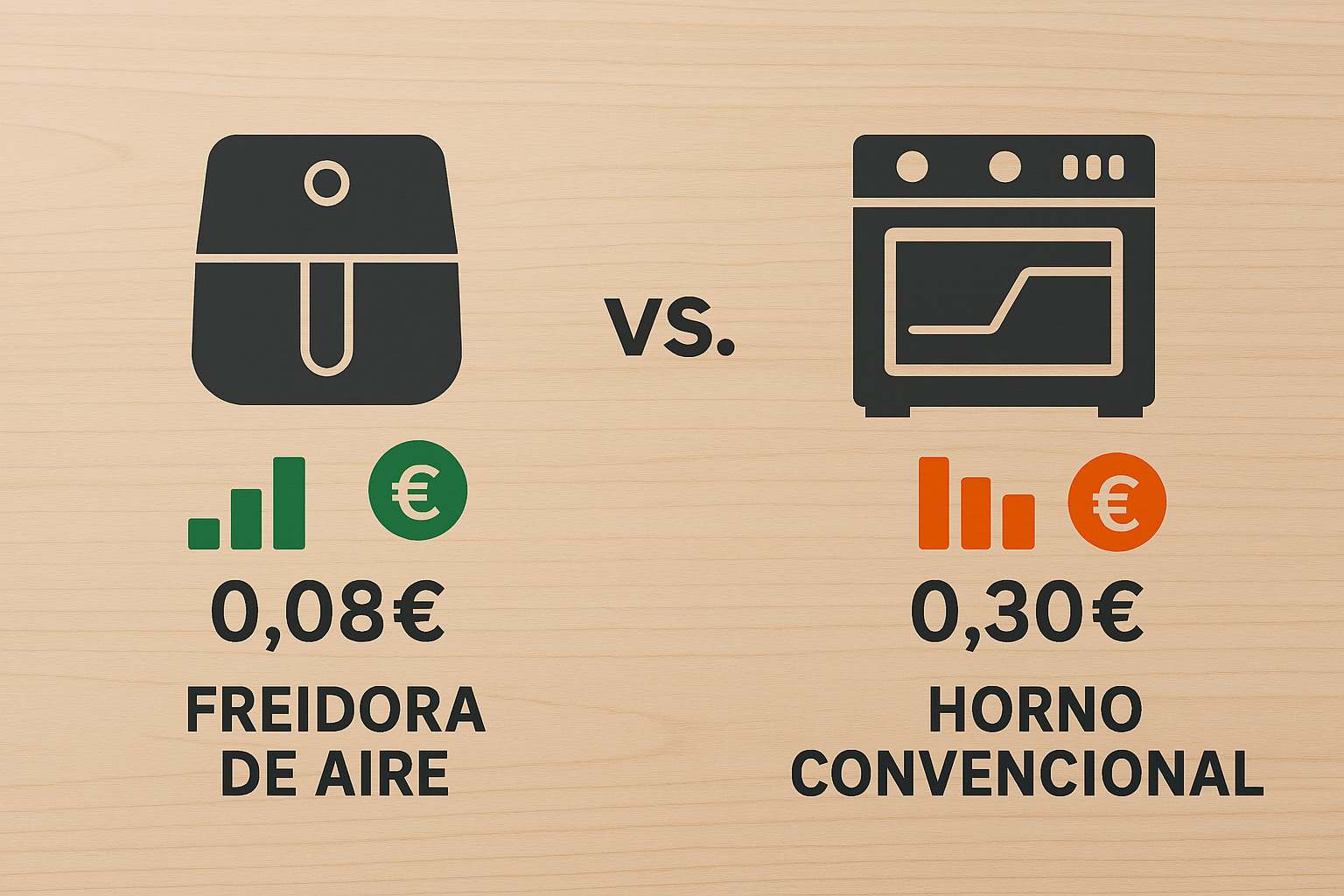 Comparativa visual del consumo eléctrico entre una freidora de aire y un horno convencional, con un símbolo de euro.