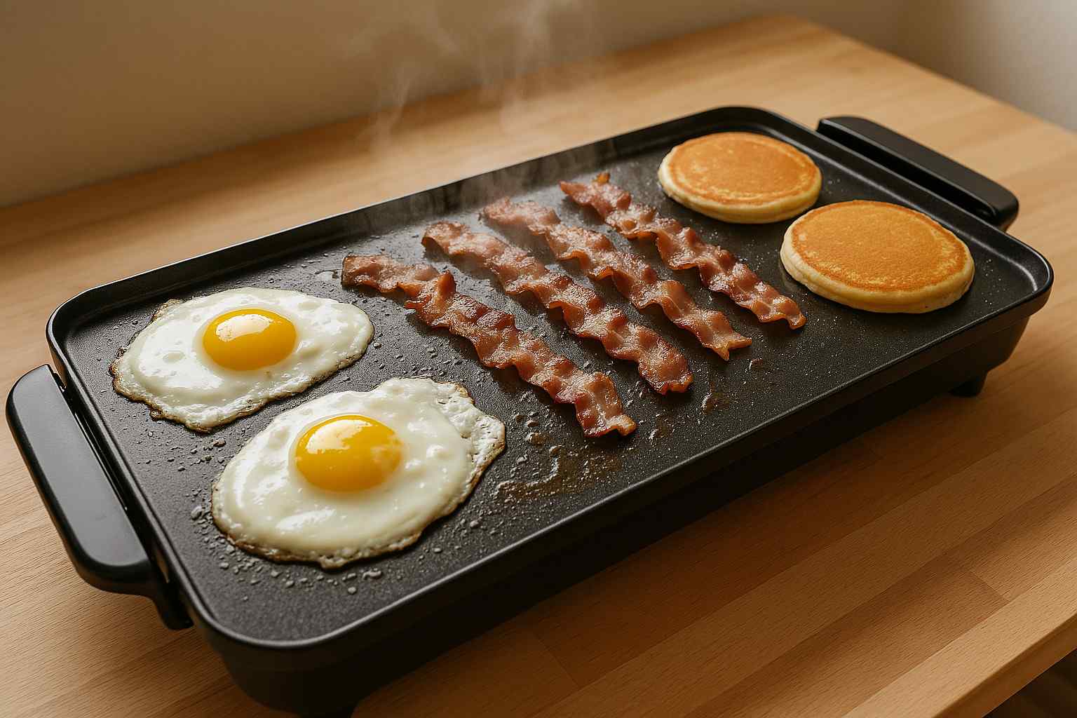 Plancha eléctrica de cocina preparando huevos, bacon y tortitas a la vez, demostrando su eficiencia para desayunos rápidos.