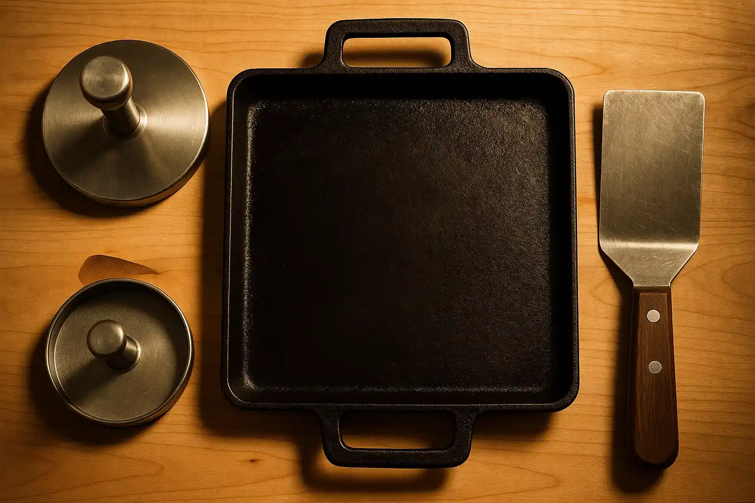 Composición con las herramientas esenciales para hacer smash burgers: una plancha de cocina, un smasher y una espátula metálica.