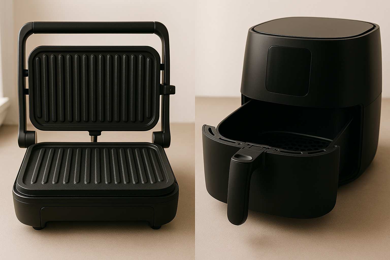 Comparativa visual: de una plancha eléctrica y una freidora de aire para preparar los sandwiches.