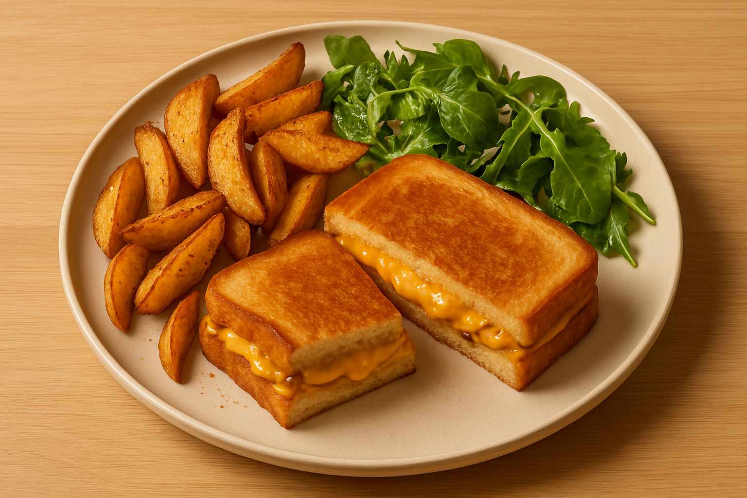 Un sándwich caliente acompañado de patatas gajo caseras hechas en freidora de aire y una pequeña ensalada verde.