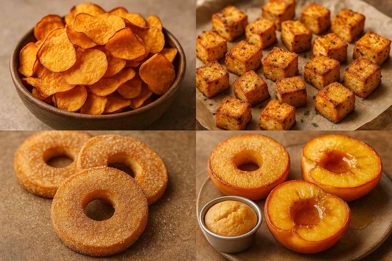 Collage de snacks y postres hechos en freidora de aire, como chips de boniato, taquitos de tofu crujiente y donuts de manzana.